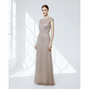 NWT JS Collections Formal A-Line Embroidered Sheer Evening Maxi Gown Tan Women 2